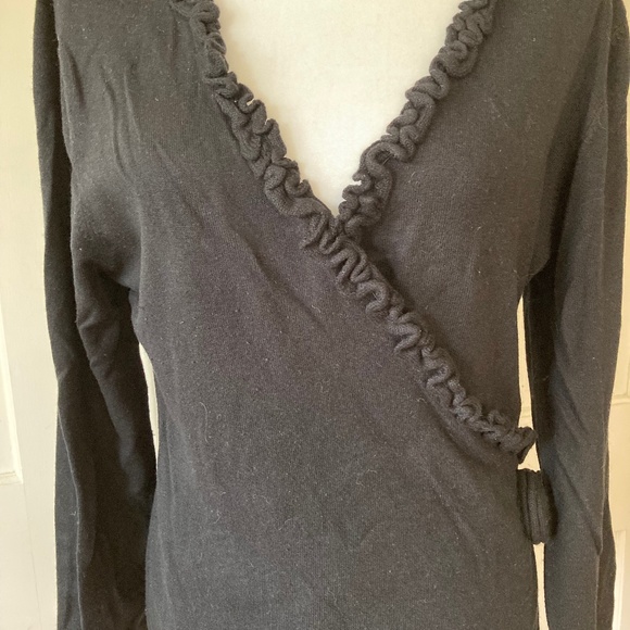 Silk Cashmere Ruffled V Neck with Flower Accent - Picture 5 of 9
